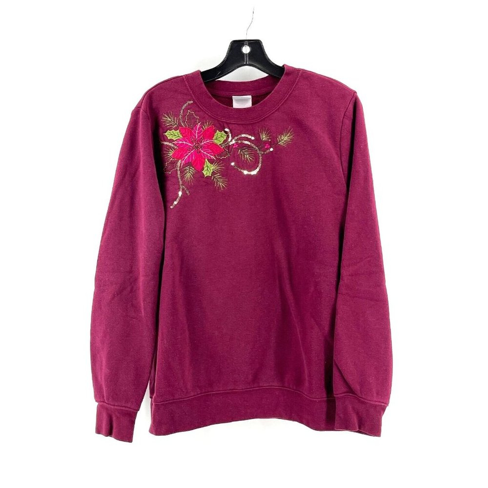 Holiday Women's Burgundy Embroidered Poinsettia Sequin Christmas Sweatshirt Med